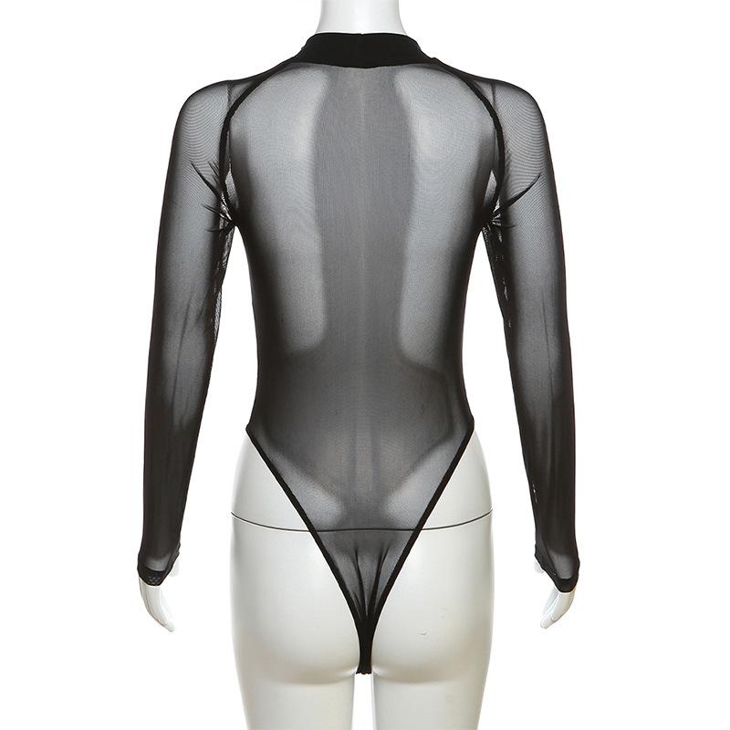 Long sleeve mesh hollow out metal tag stitch bodysuit