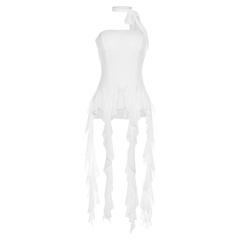 Mesh patchwork ruffle backless solid tube top