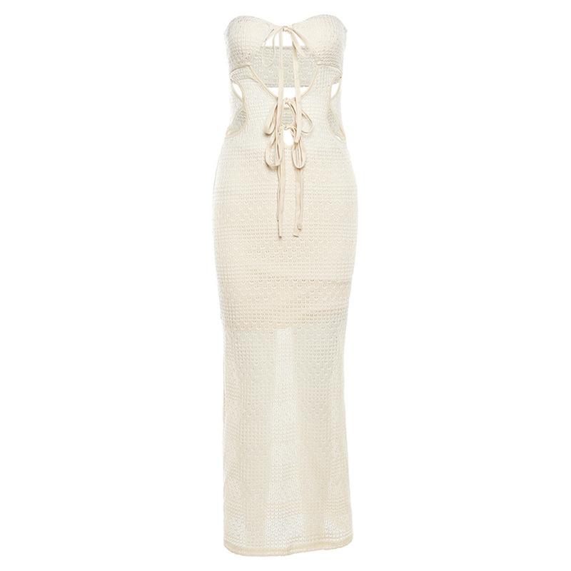 Knitted ribbed hollow out self tie backless tube maxi dress