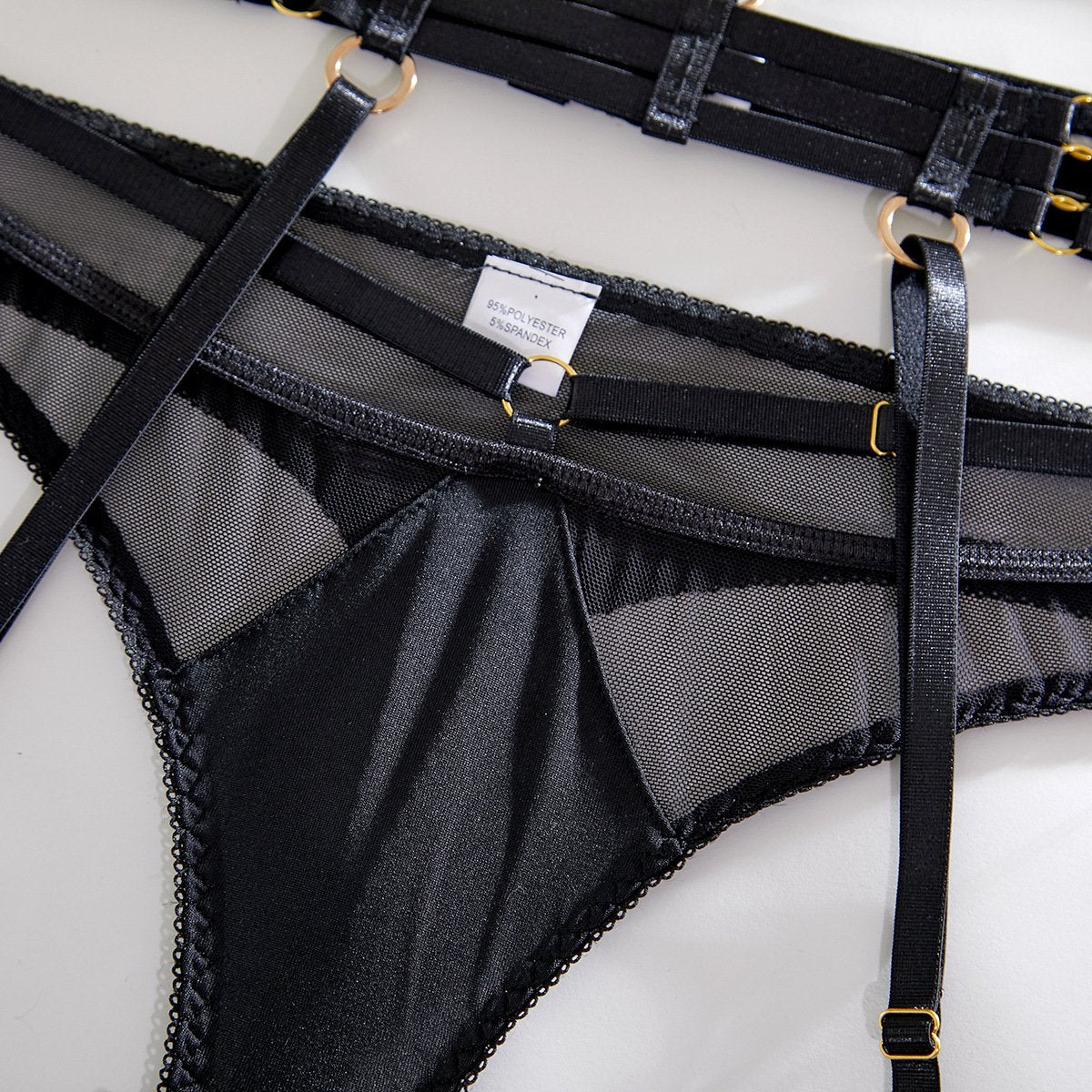V neck mesh underwire garter lingerie set