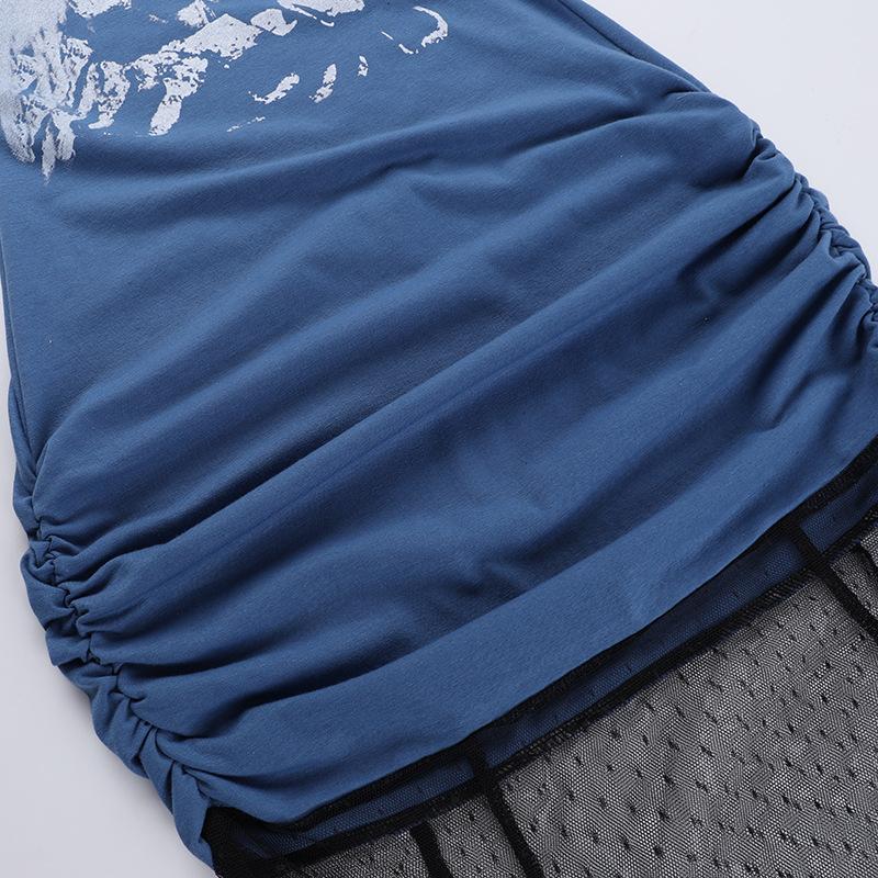 One shoulder mesh patchwork print ruched midi dress