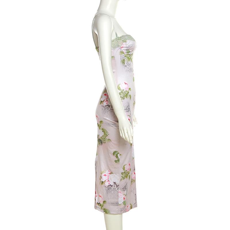 Lace hem backless slit flower print cami midi dress