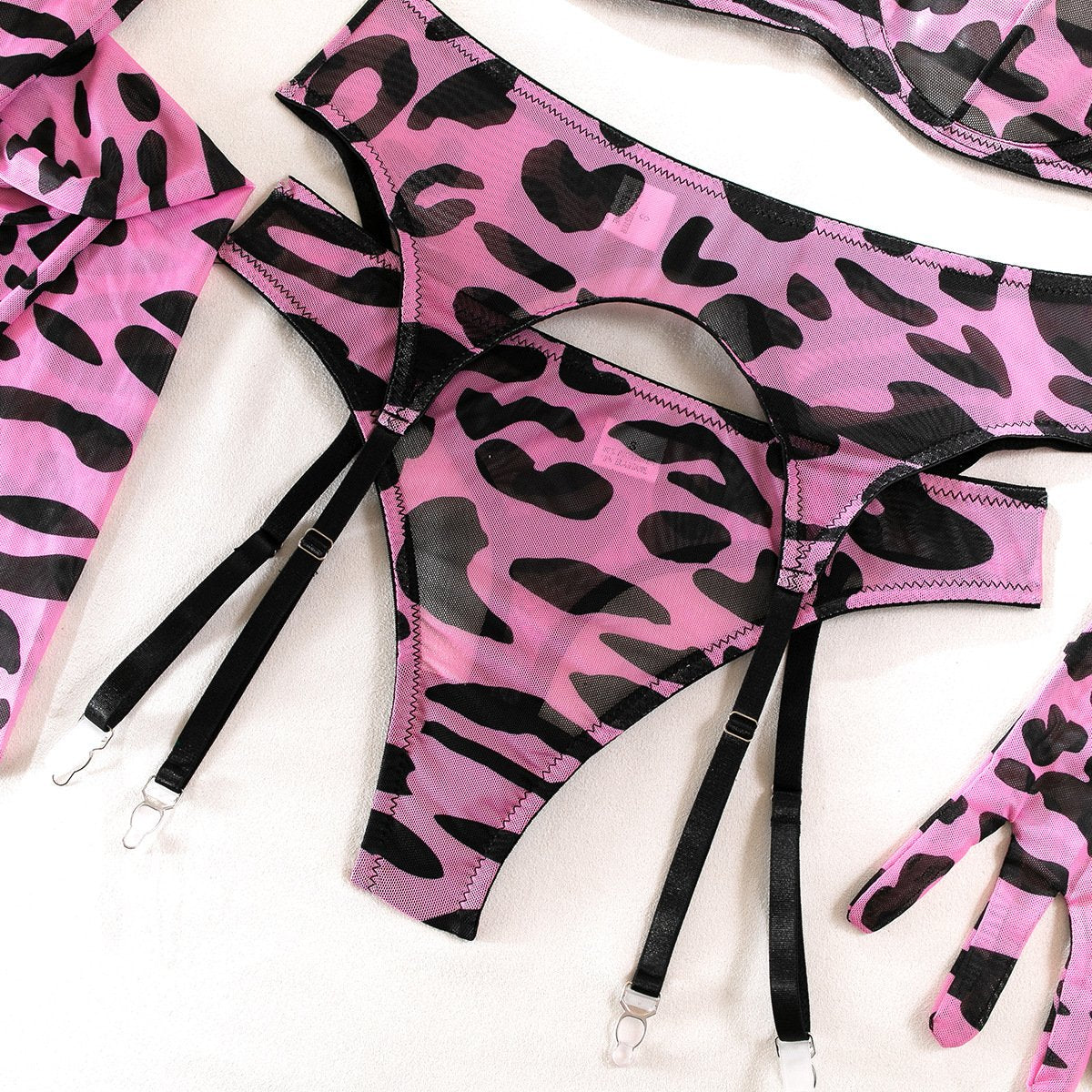 Leopard print gloves sheer mesh garter lingerie set