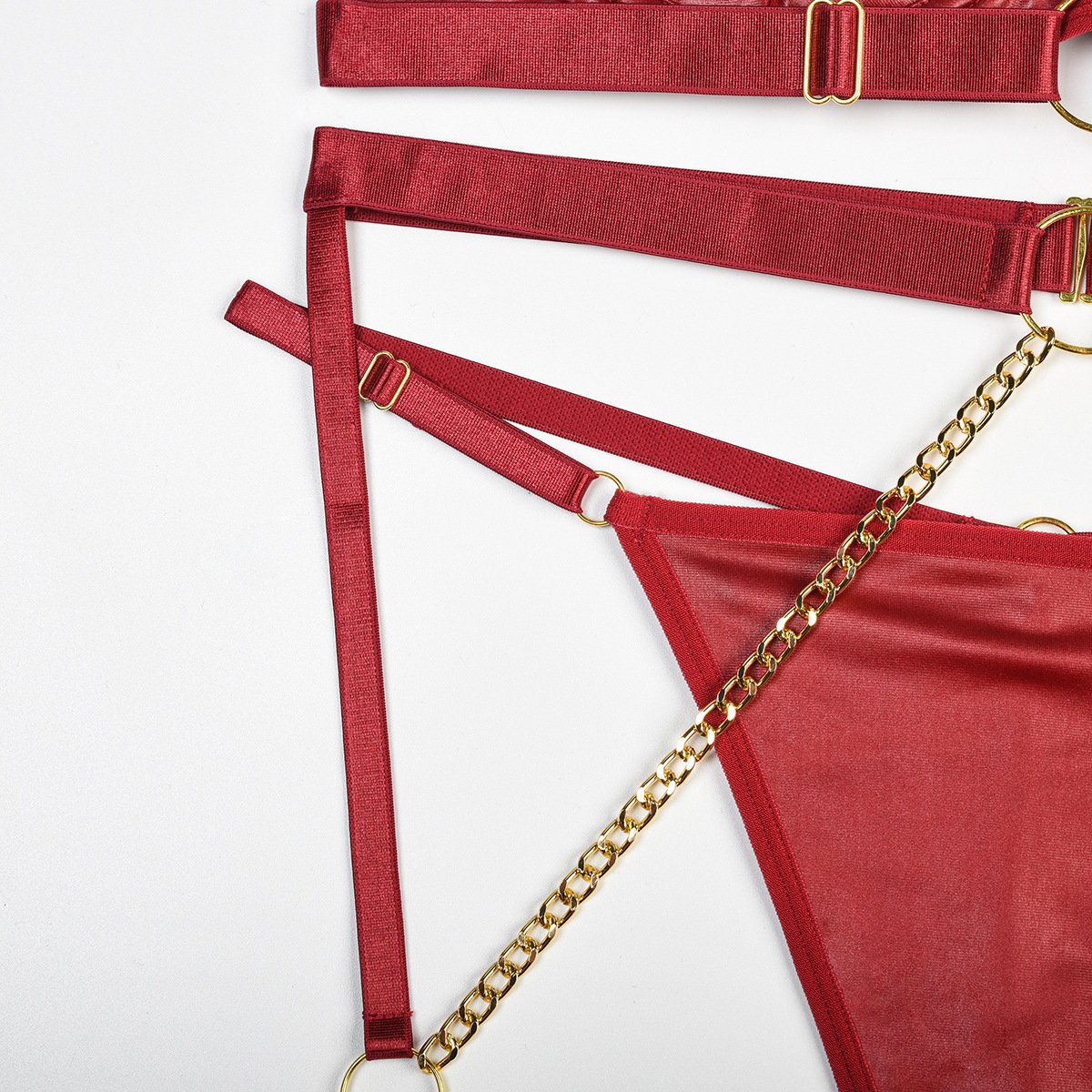 Harness metal chain o ring garter lingerie set
