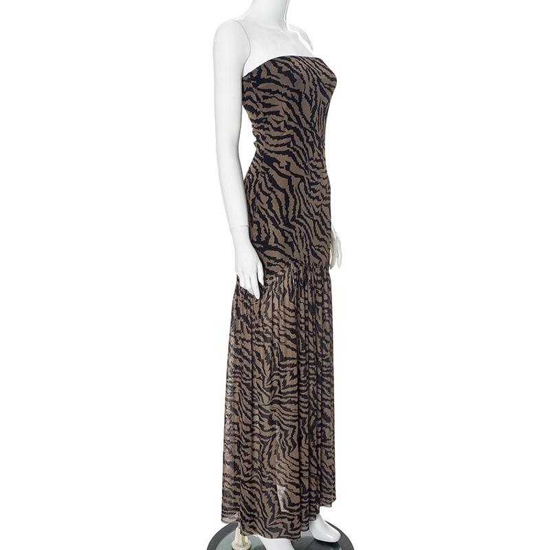 Sheer mesh leopard print slit ruffle tube maxi dress