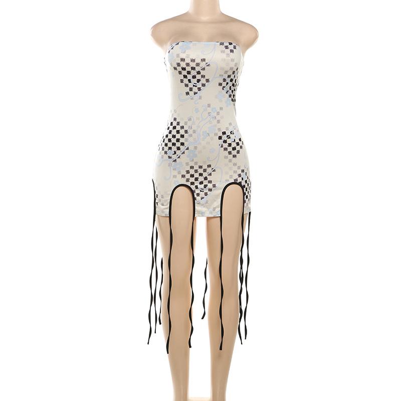 Digital print tassels high slit backless tube mini dress