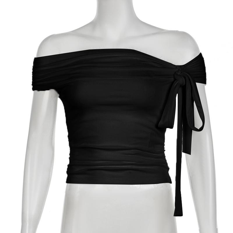 Off shoulder knotted ruched solid top