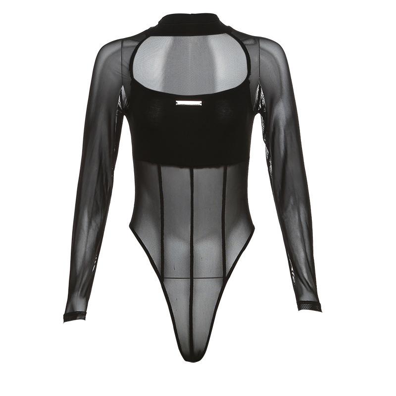 Long sleeve mesh hollow out metal tag stitch bodysuit