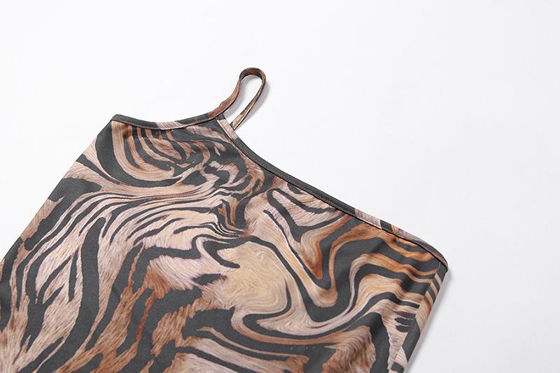 One shoulder backless high slit tiger print midi dress