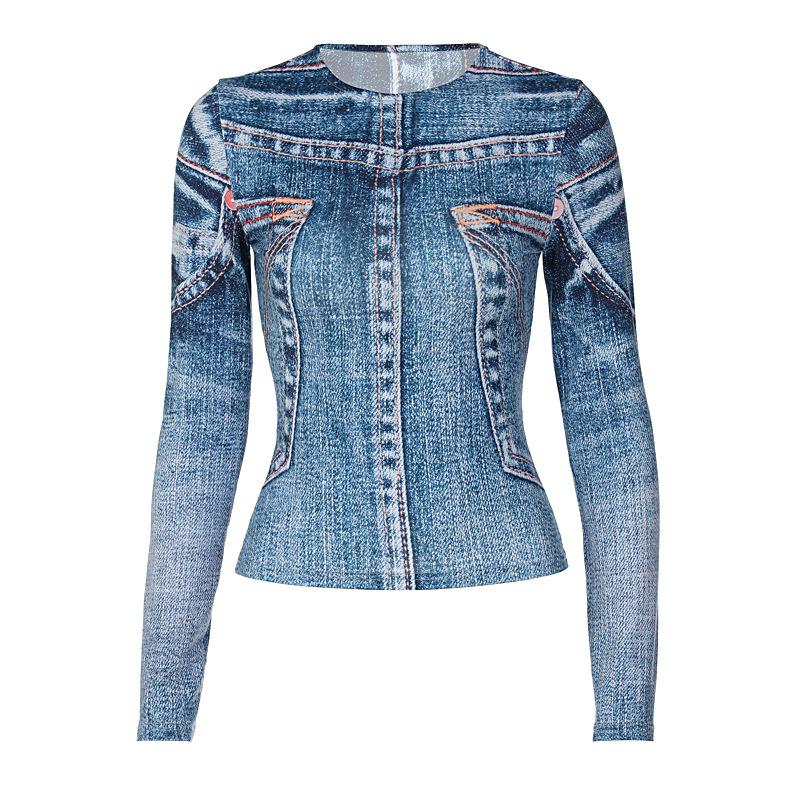 Long sleeve denim print crewneck contrast top