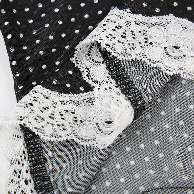 V neck polka dot print lace hem bowknot top