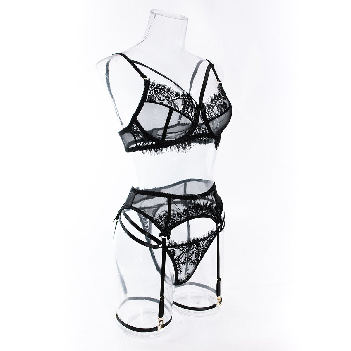See through lace underwire garter lingerie set