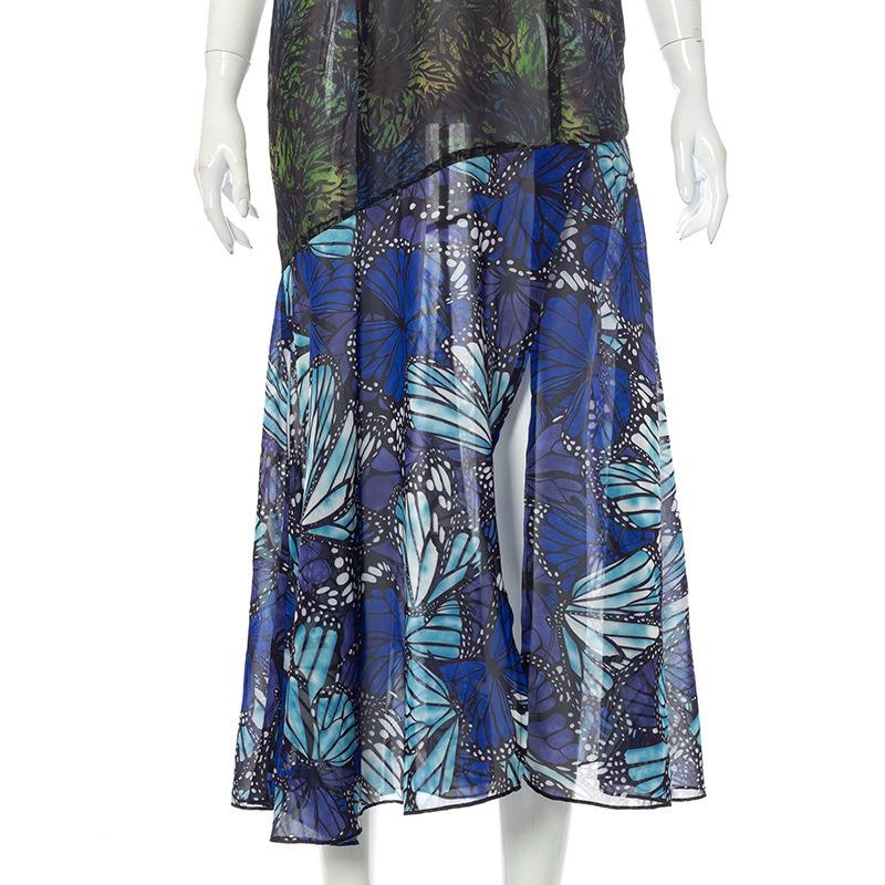 Short sleeve hollow out slit butterfly print see through midi dress
