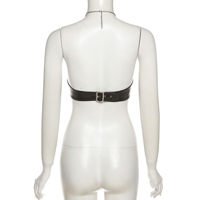 Halter PU leather o ring buckle metal chain crop top