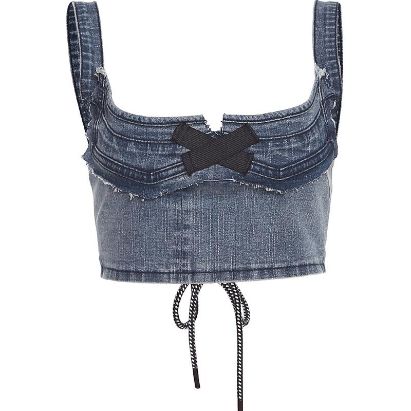 Contrast notch neck raw hem lace up sleeveless denim crop top