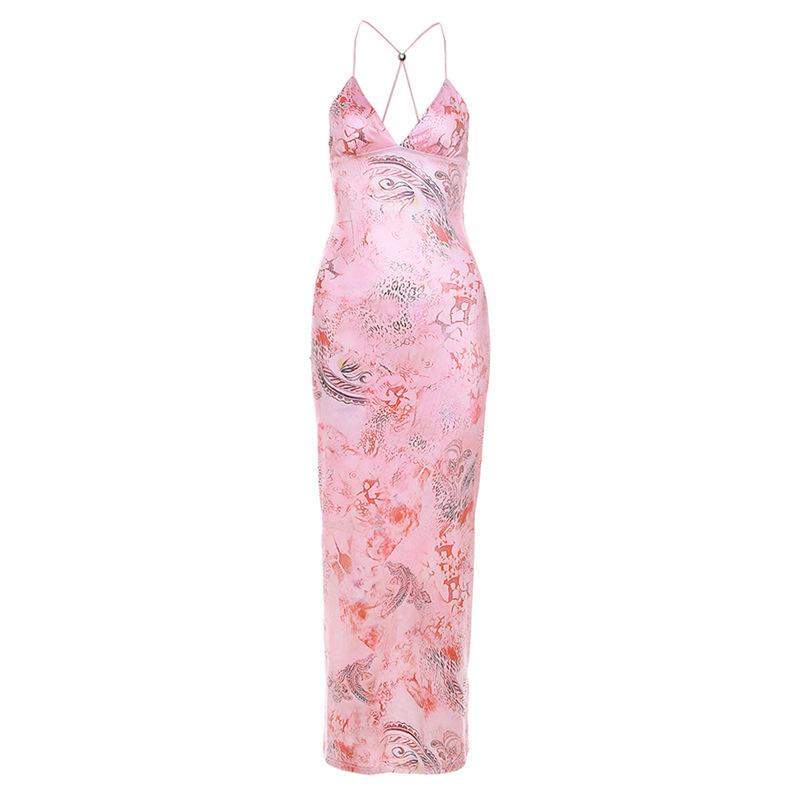 V neck print butterfly embroidery cami maxi dress