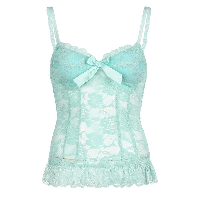 Lace flower pattern bowknot ruffle cami top