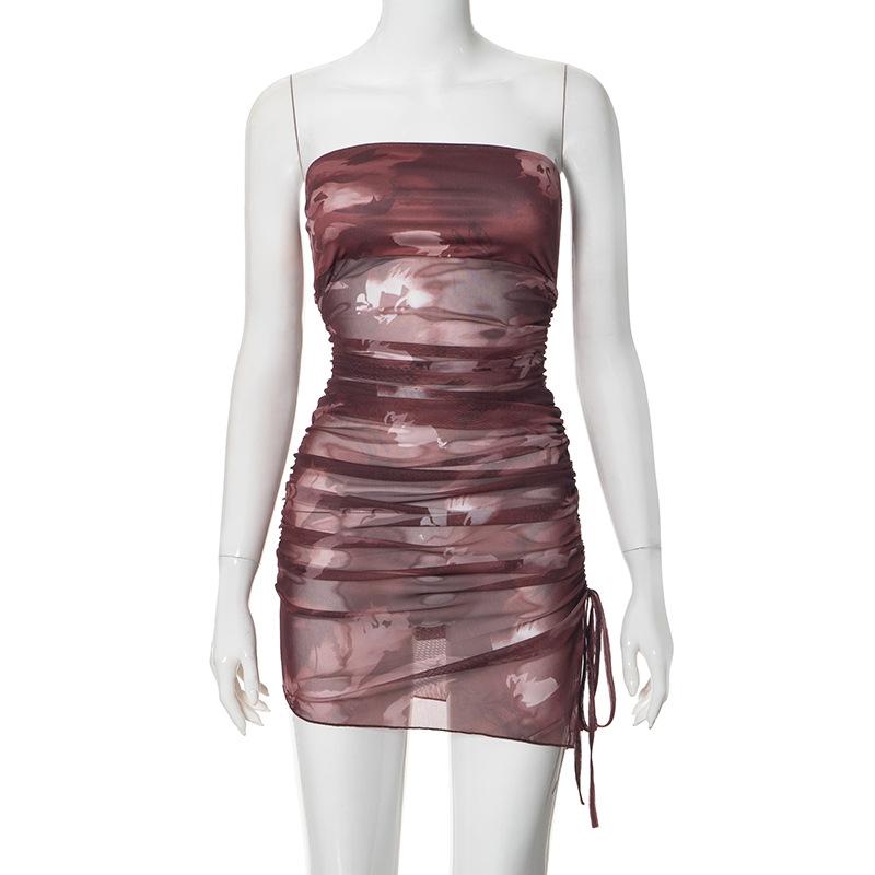 Sheer mesh drawstring ruched print slit tube mini dress
