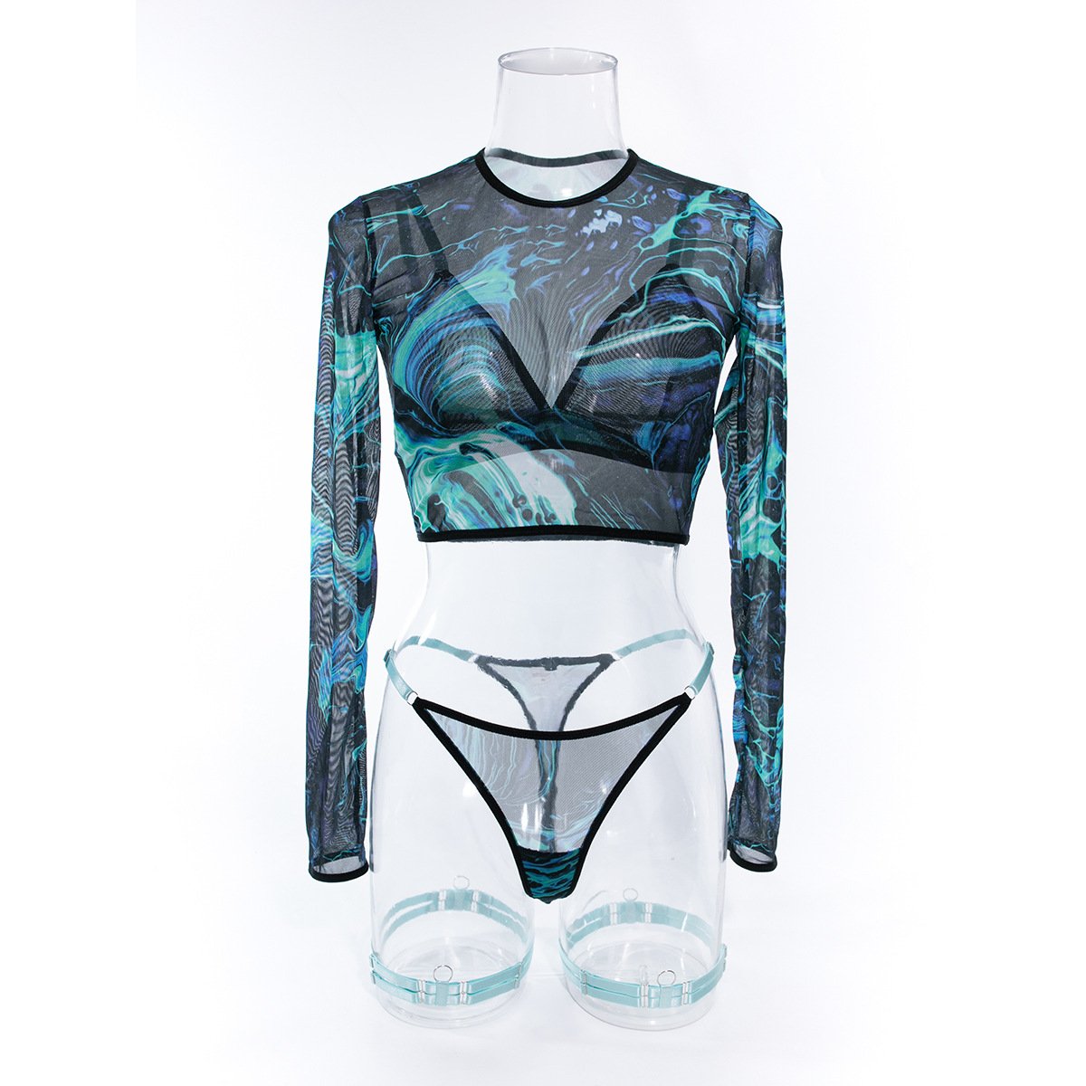 Long sleeve print mesh garter 3 piece lingerie set