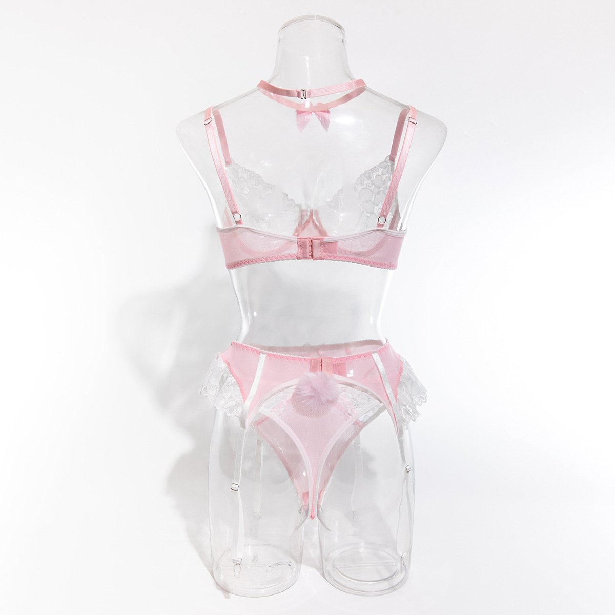 Lace bowknot fluffy garter 3 piece lingerie set