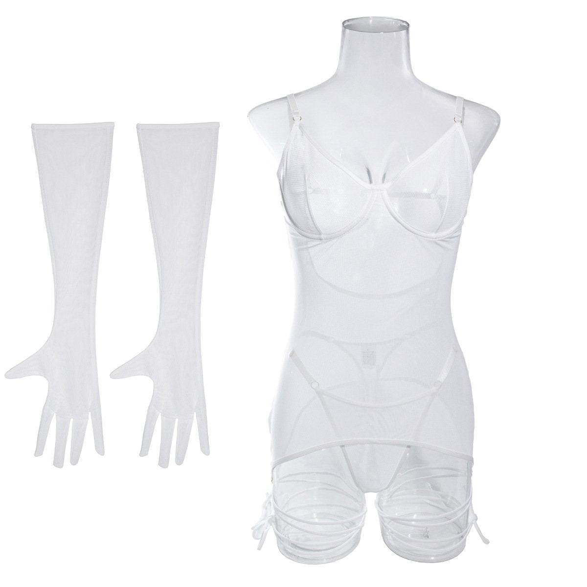 Sheer mesh gloves harness lingerie set