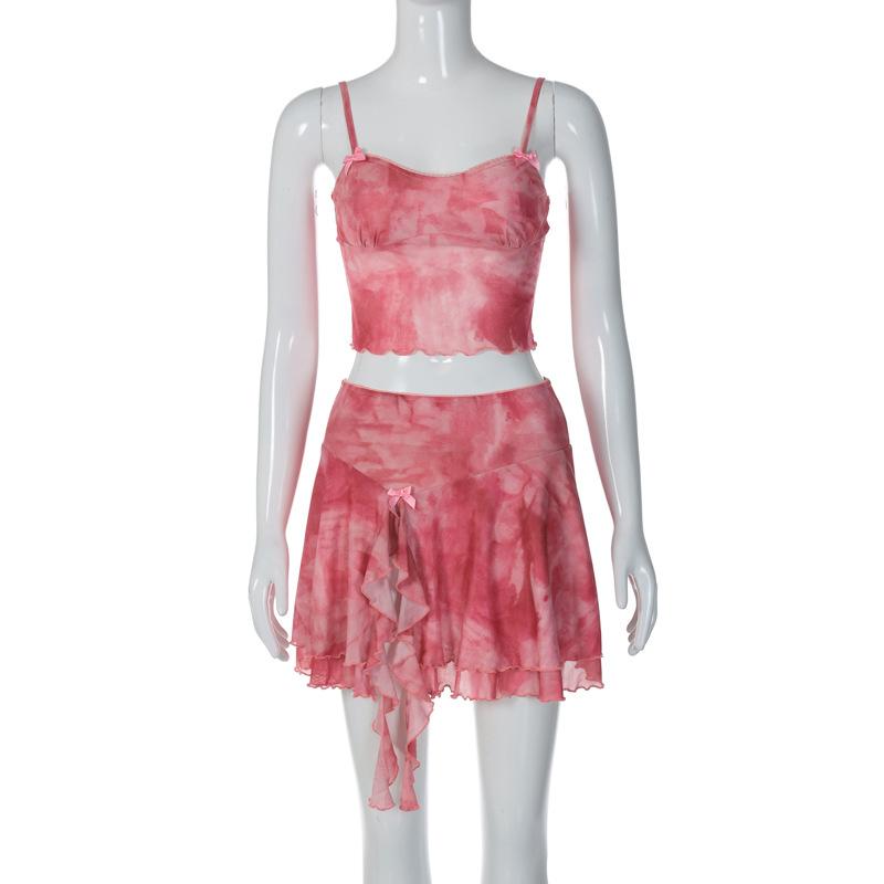 Tie dye contrast ruffle backless bowknot cami mini skirt set