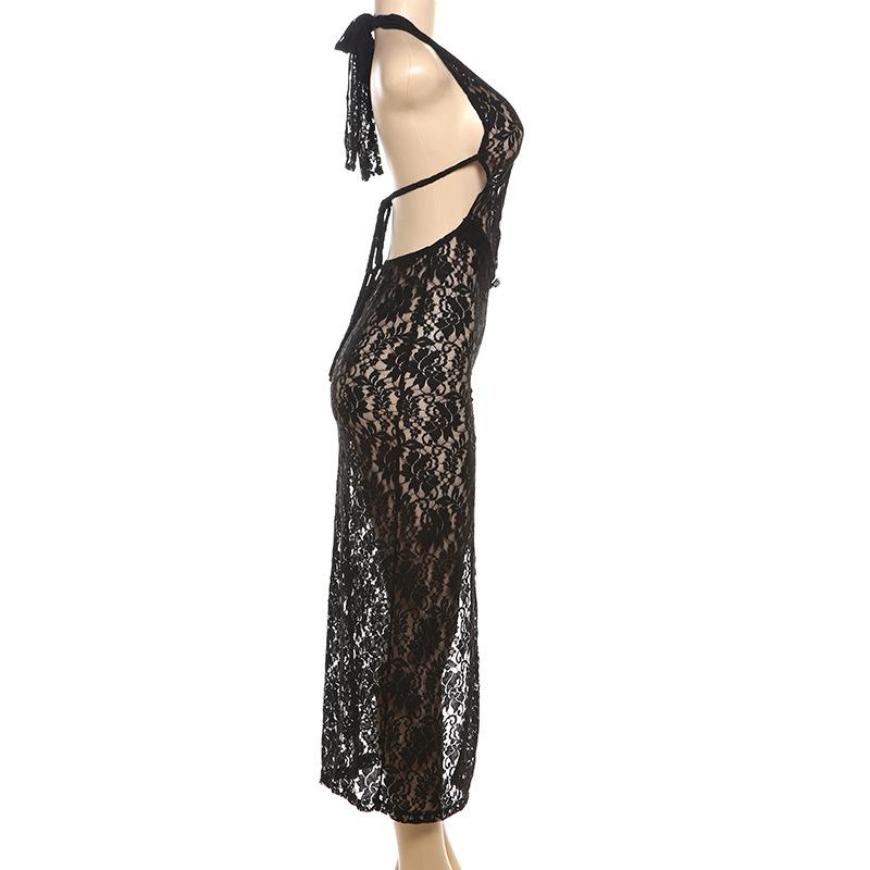 Halter knotted deep v neck high slit lace see through maxi dress