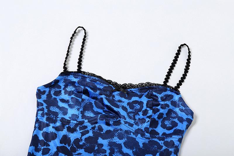 Lace bowknot high slit leopard print button  cami mini dress