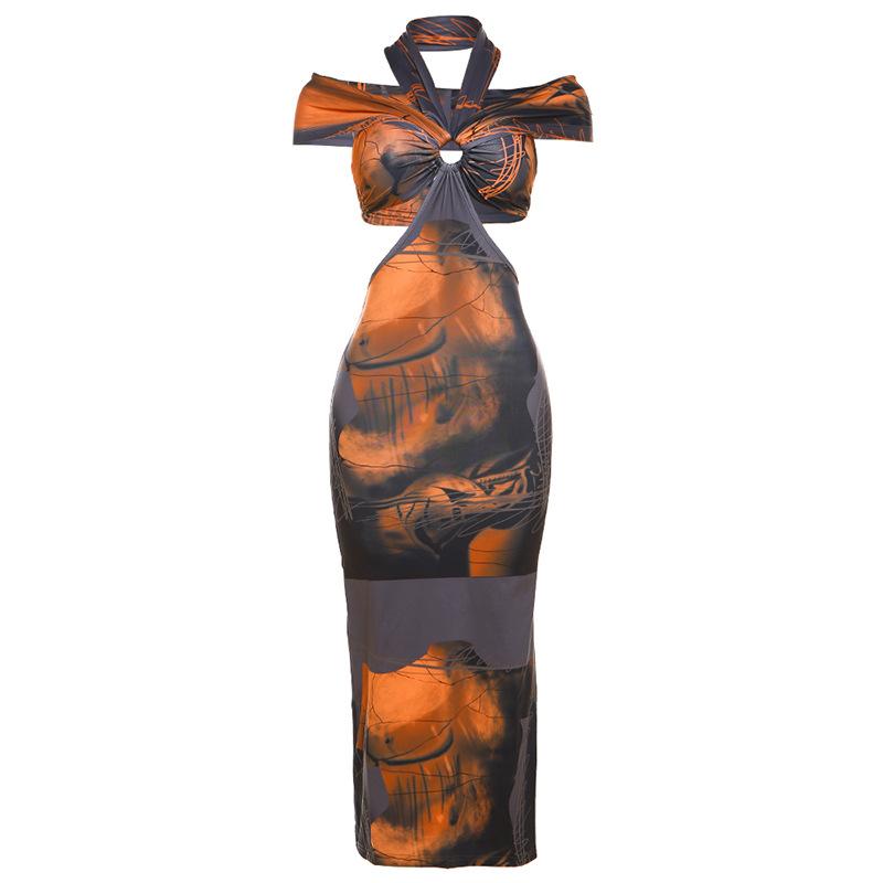 Halter off shoulder o ring abstract print hollow out midi dress