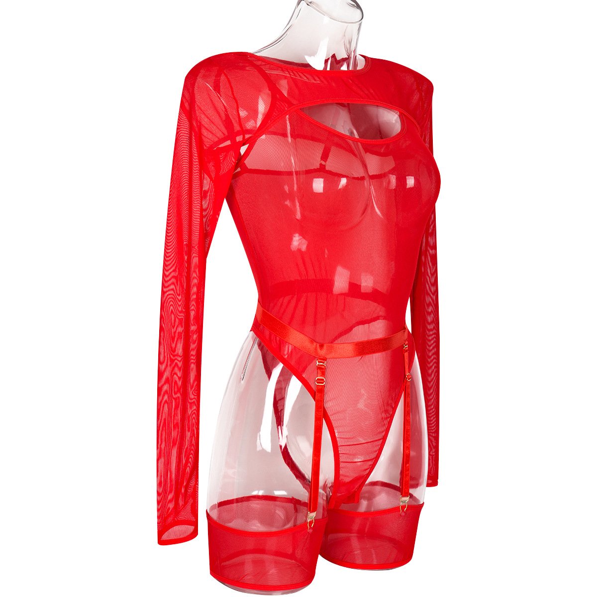 Long sleeve shrug sheer mesh garter bodysuit