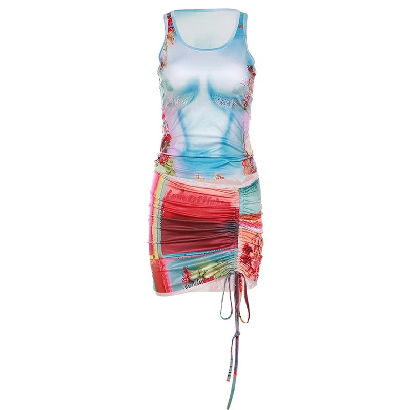 U neck abstract body print drawstring tank 2 piece mini skirt set