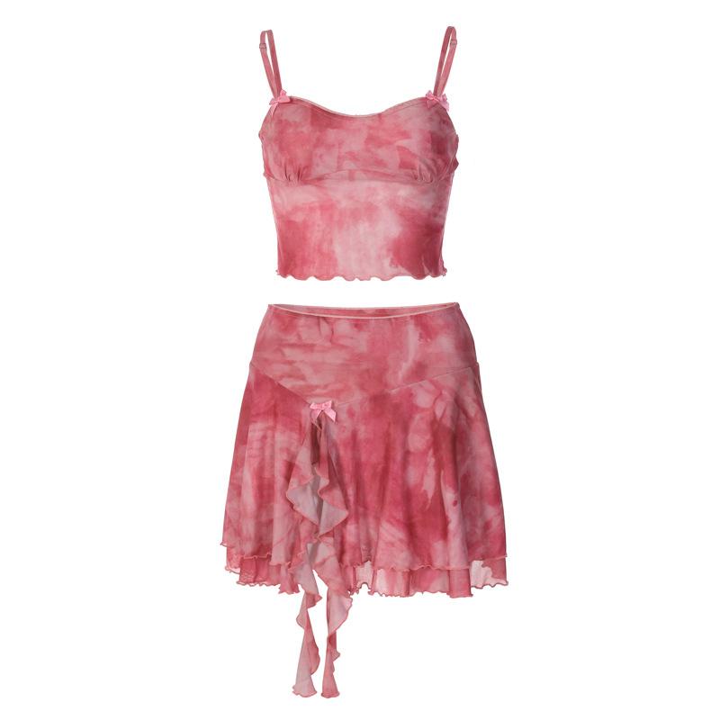 Tie dye contrast ruffle backless bowknot cami mini skirt set