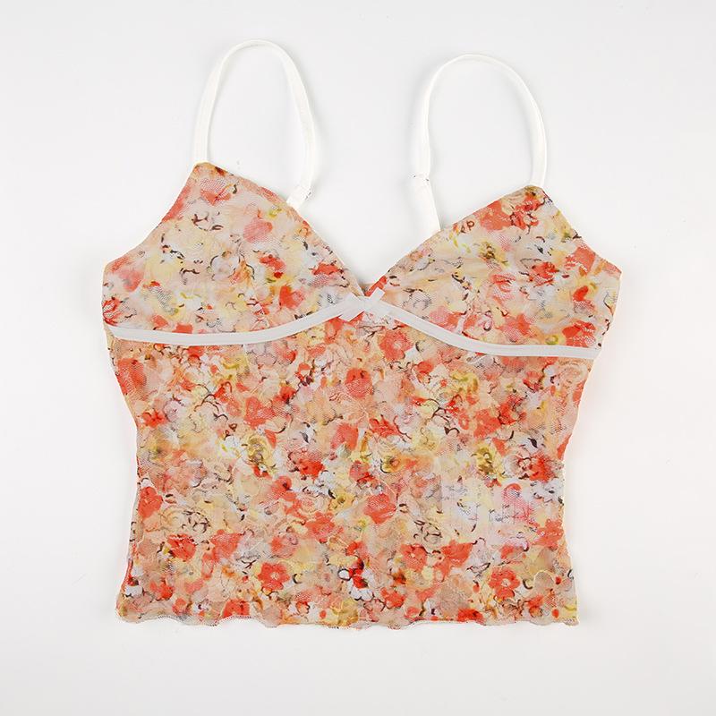 V neck mesh bowknot print cami top