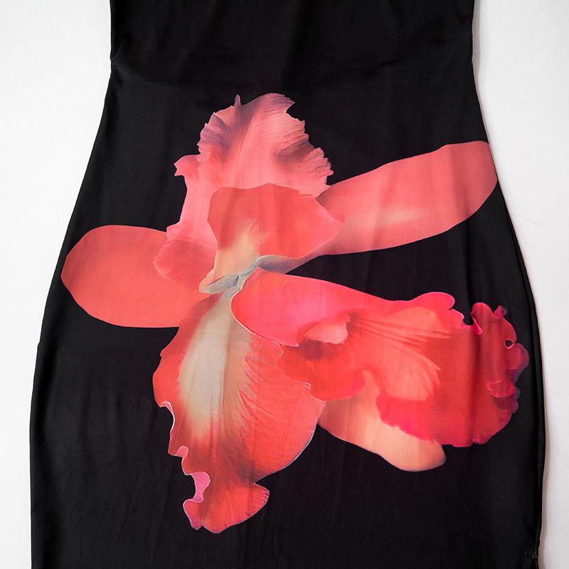 Short sleeve self tie flower print high slit maxi dress