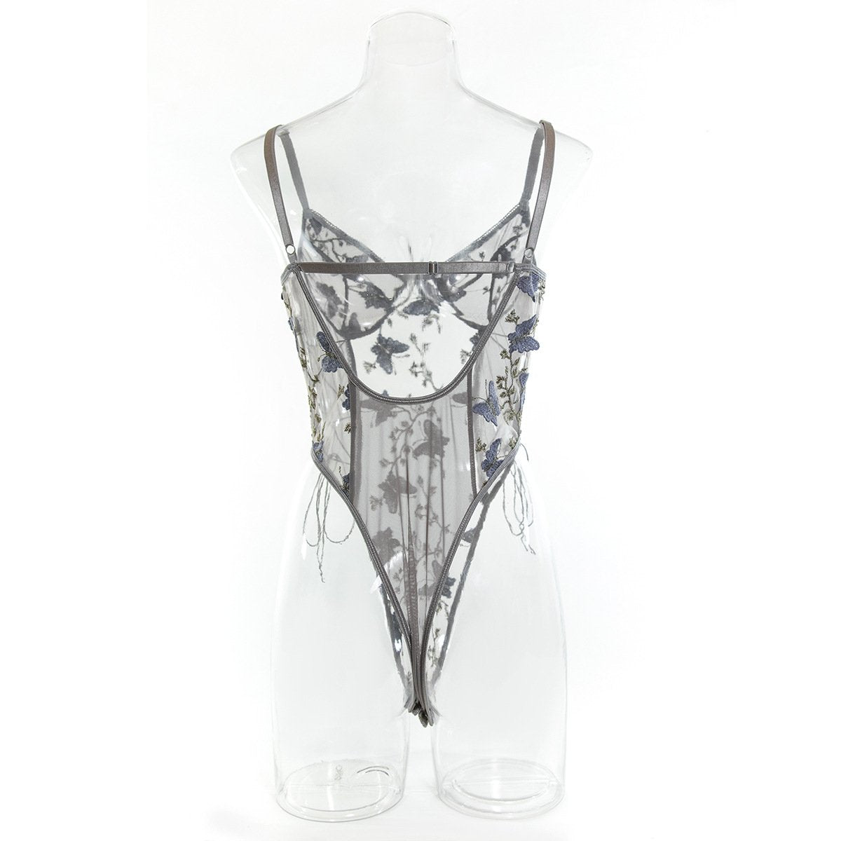 Lace up embroidery mesh cami bodysuit