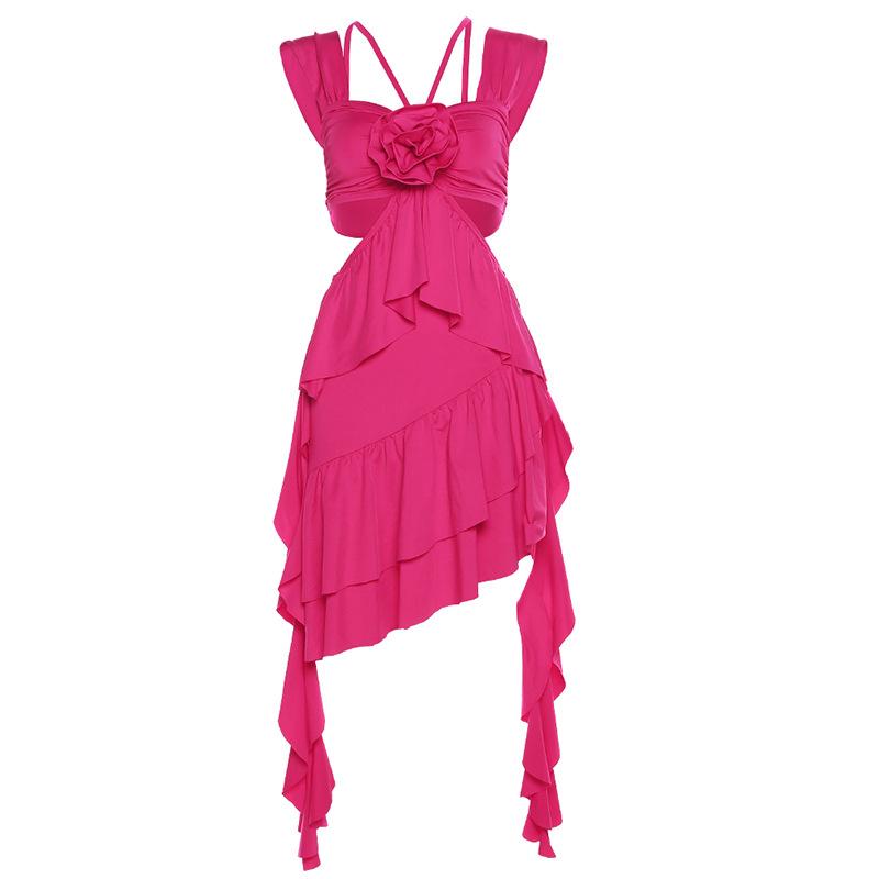 Ruffle solid hollow out flower applique sleeveless irregular mini dress