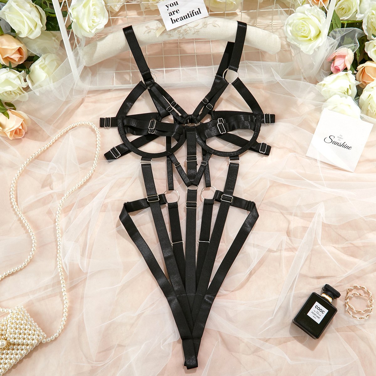 Open cup harness strappy o ring bodysuit