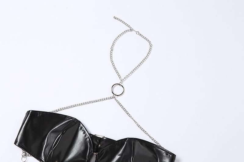 Halter PU leather o ring buckle metal chain crop top