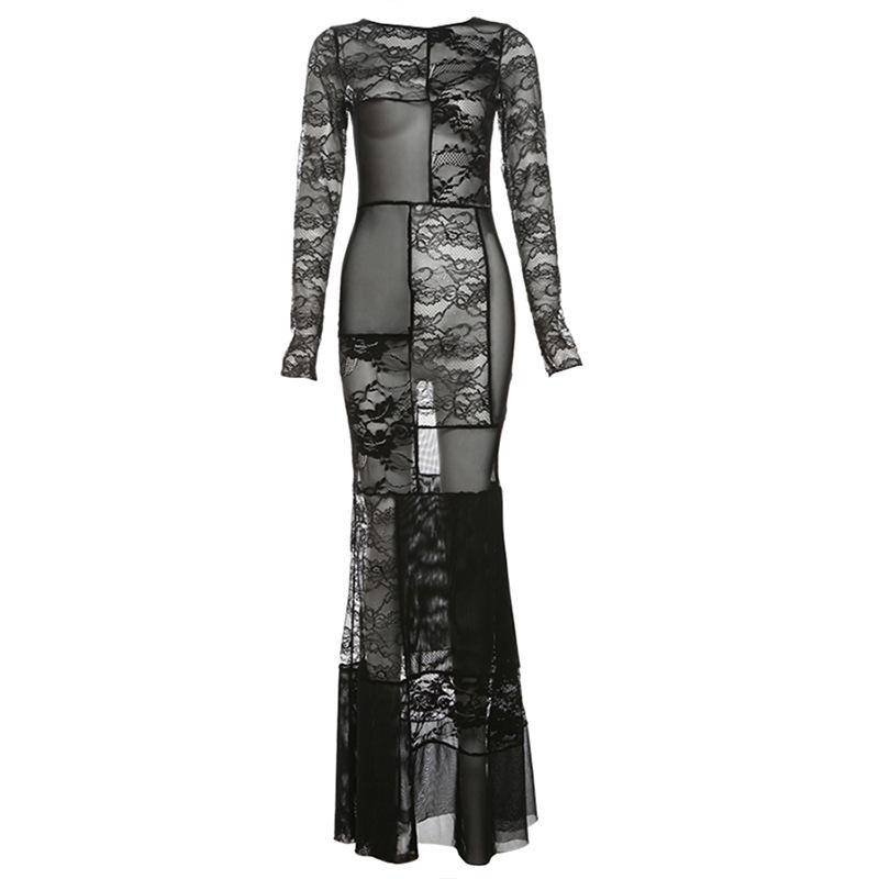 Long sleeve crewneck lace fishnet mesh patchwork maxi dress