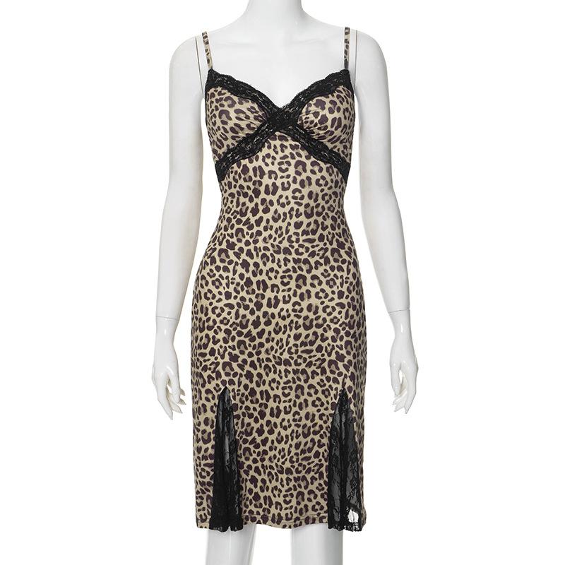Lace hem patchwork leopard print cami mini dress