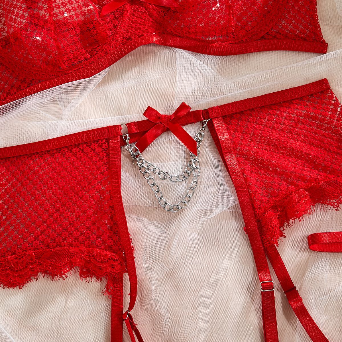 Metal chain bowknot lace hem net garter lingerie set