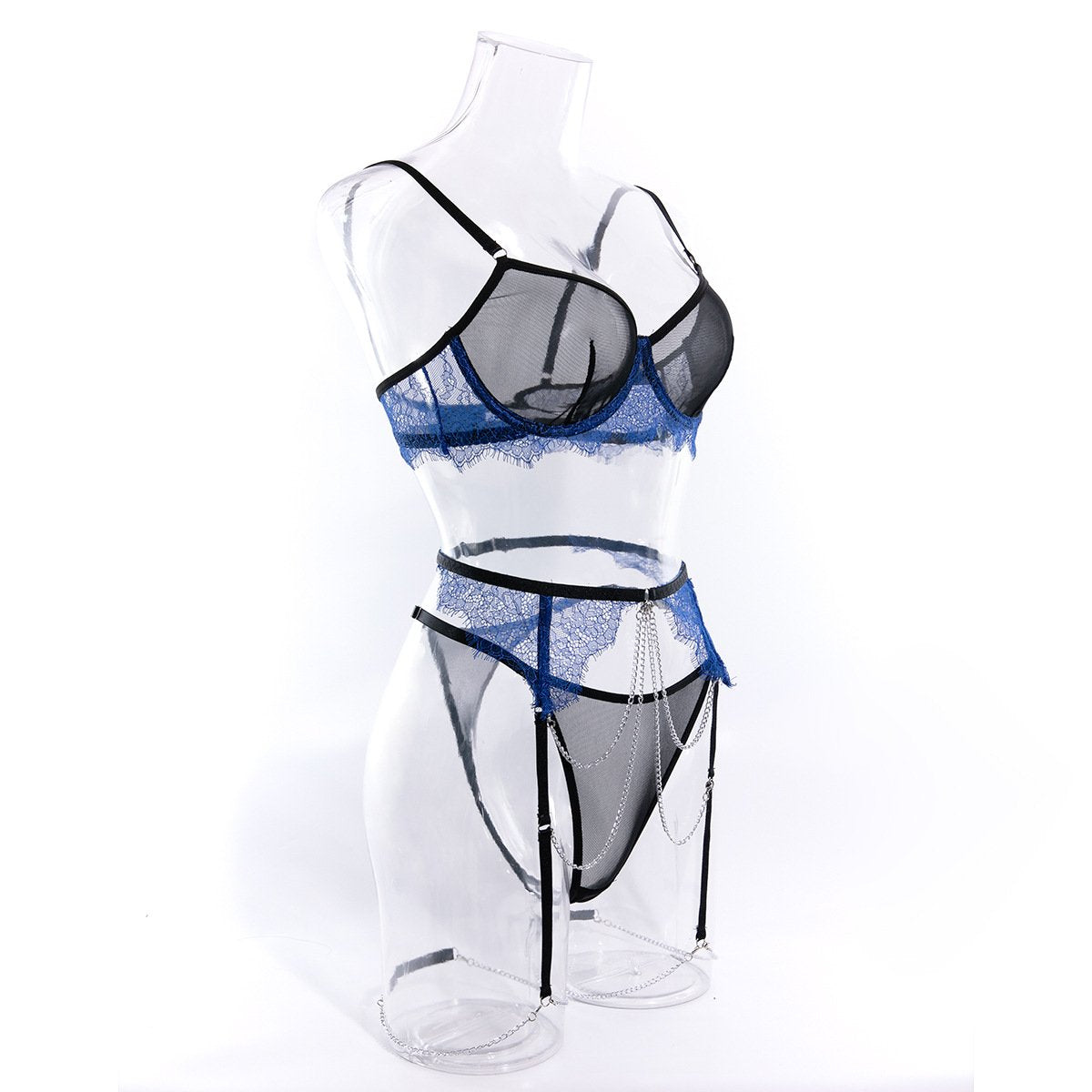 Metal chain lace hem mesh garter lingerie set