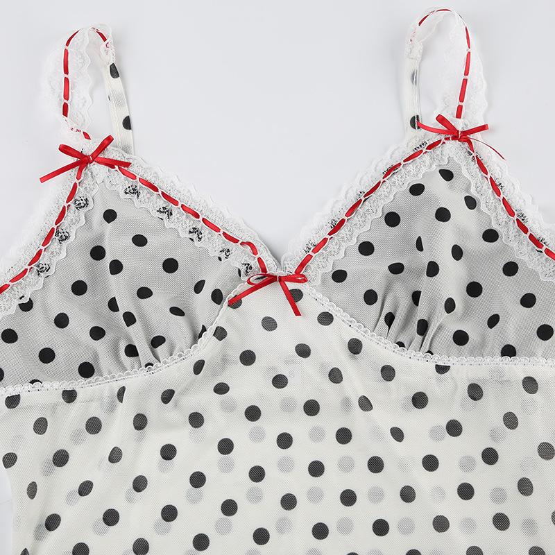 V neck polka dot print mesh bowknot cami top