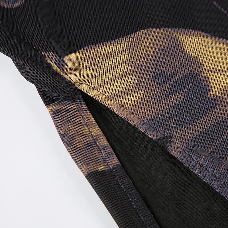 Halter butterfly print backless mesh maxi dress