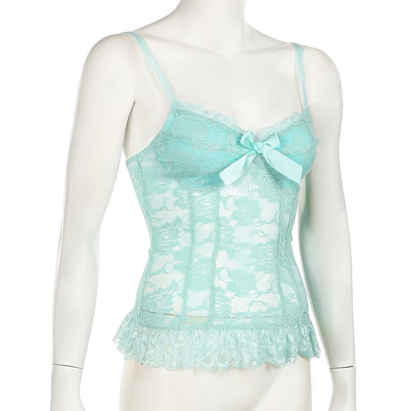 Lace flower pattern bowknot ruffle cami top