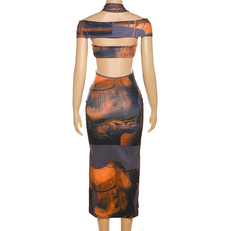 Halter off shoulder o ring abstract print hollow out midi dress