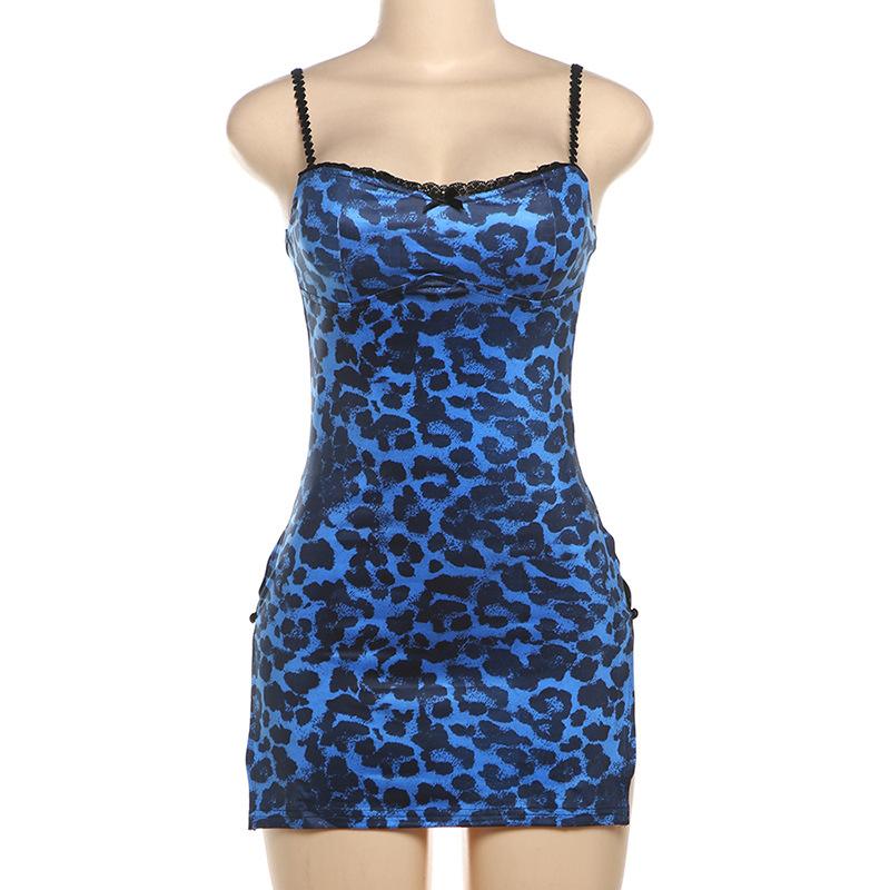 Lace bowknot high slit leopard print button  cami mini dress