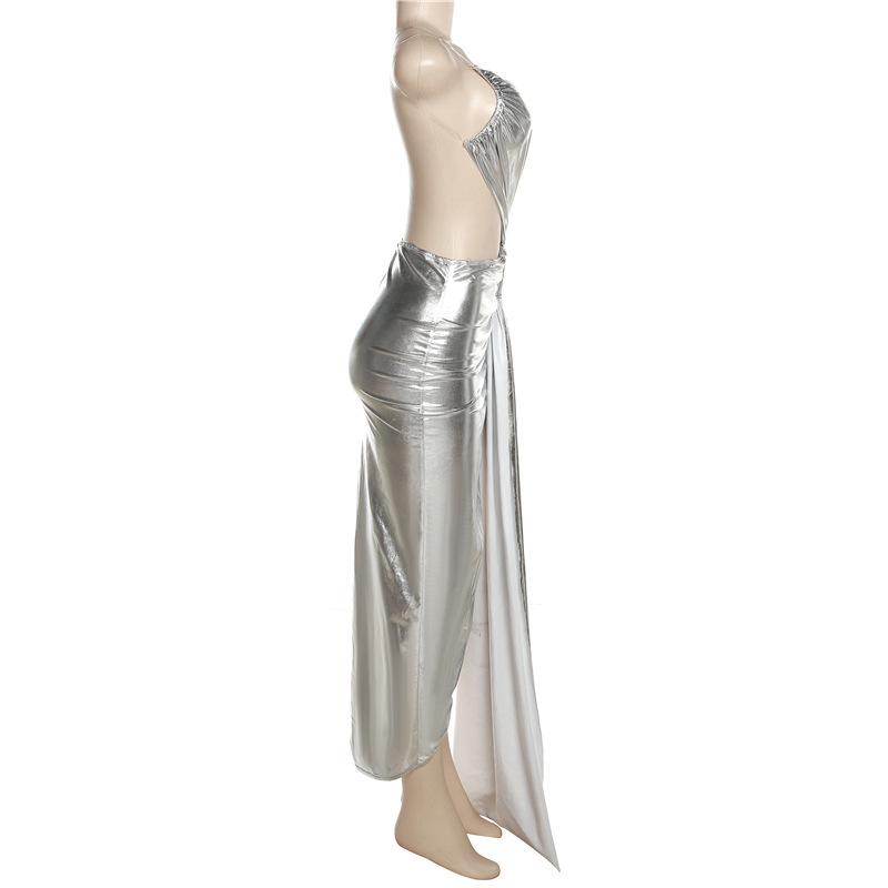 One shoulder high slit metallic irregular ruched cami maxi dress