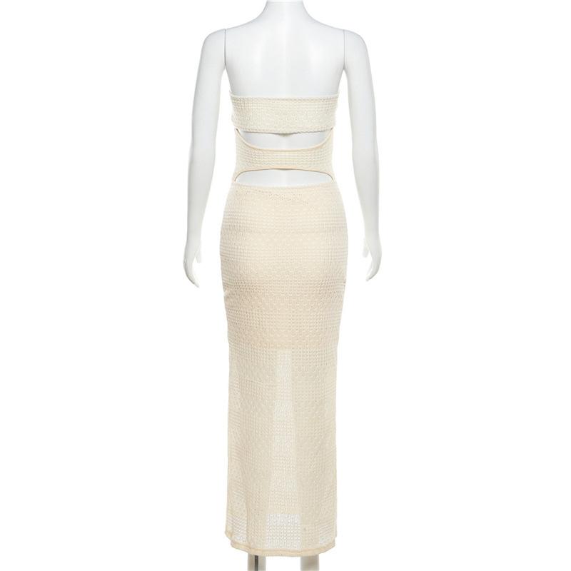 Knitted ribbed hollow out self tie backless tube maxi dress