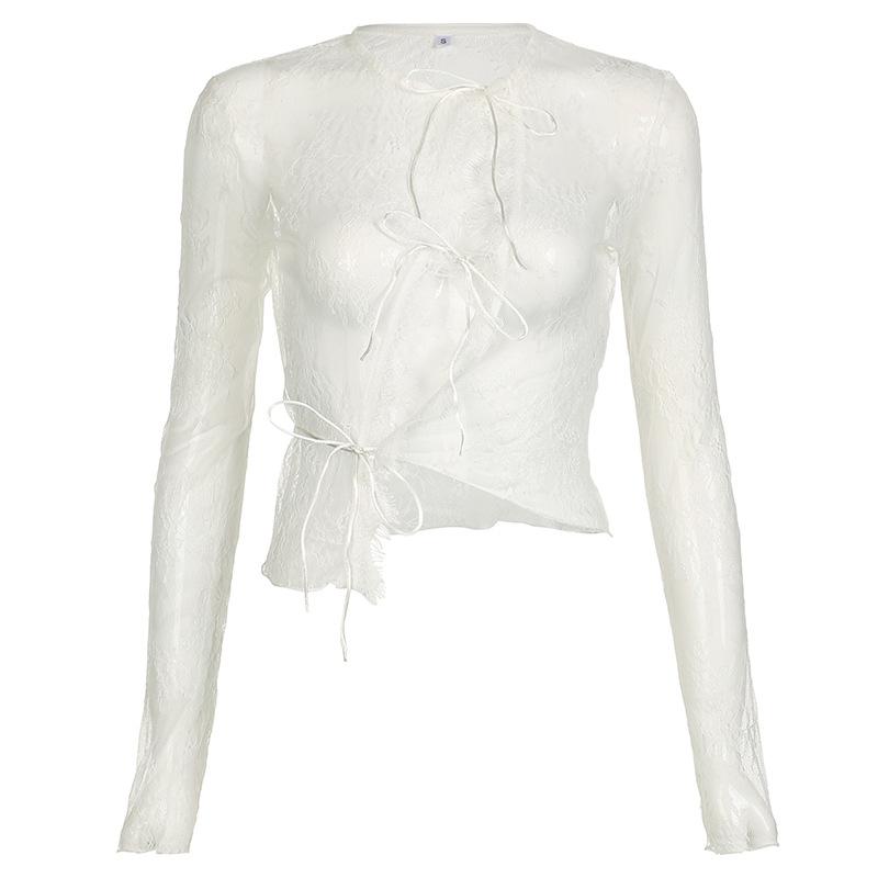 Long sleeve lace see through self tie top